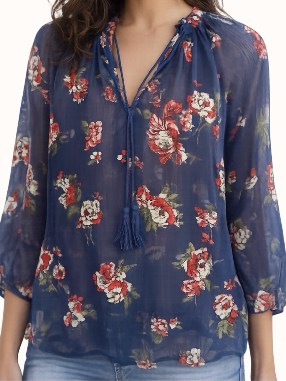 Lucky Brand Blue Floral chiffon feel rosesBlouse Small flowy fits medium easily